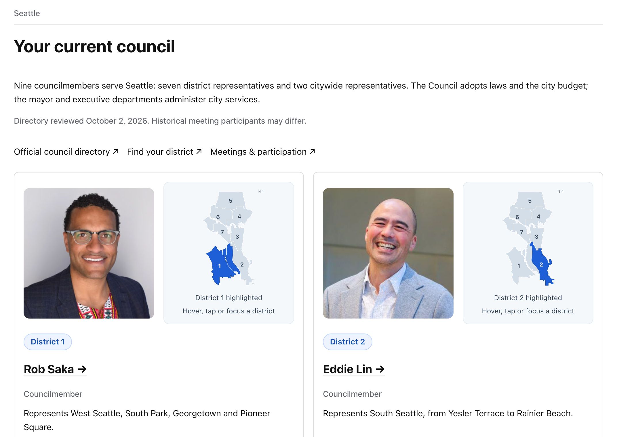 The Seattle council directory: member portraits next to district maps with the member's district highlighted.