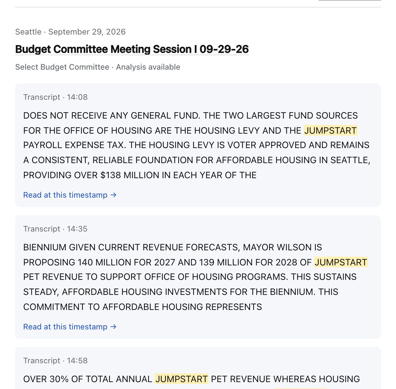 Search results for JumpStart: transcript passages with the term highlighted and links to read at each timestamp.